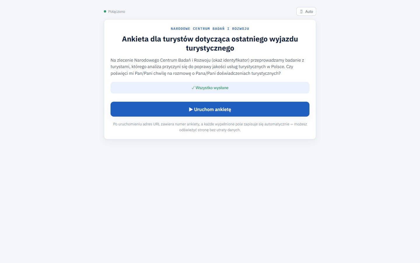 Badanie CAPI turystów — ankiety terenowe na tabletach — Ekran startowy ankiety