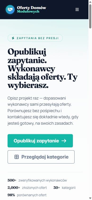 Marketplace domów modułowych — widok na telefonie